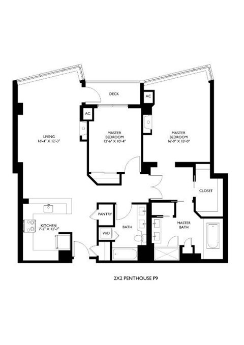 A black and white image of a floor plan for a 2x2 penthouse.